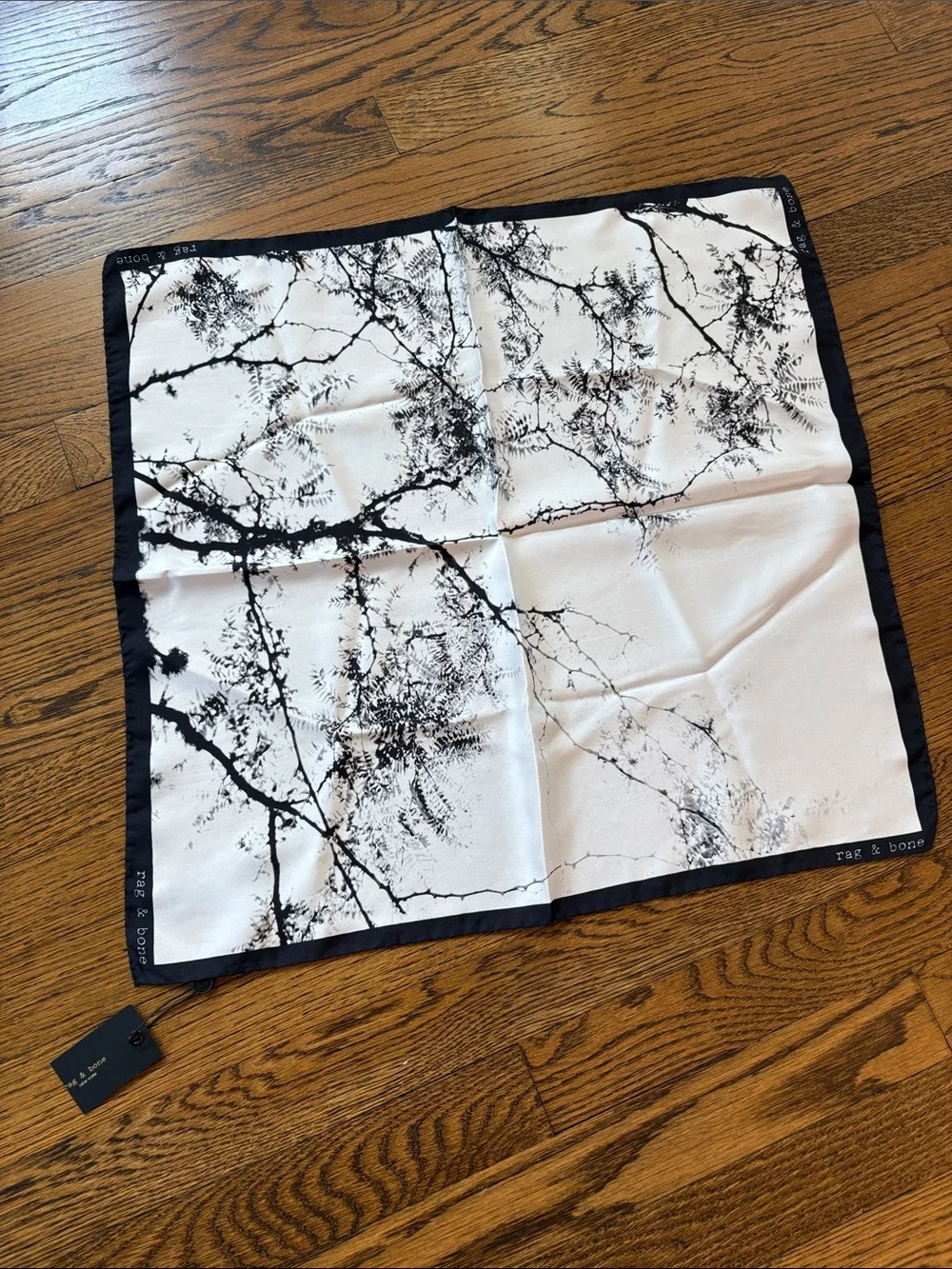 rag & bone NWT Branches Black and White Branch-Print Silk Square bandana